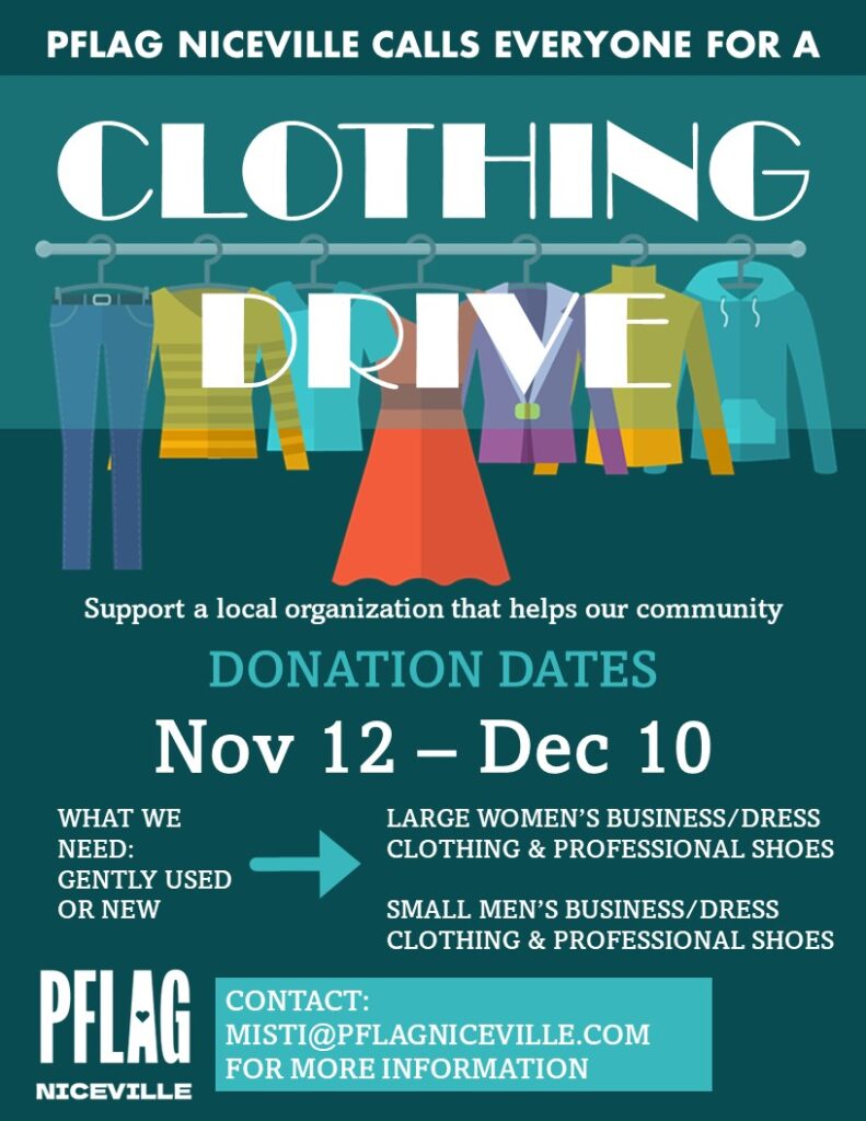 PFLAG Niceville calls everyone for a Clothing Drive November 12th, 2023 - December 10th, 2023